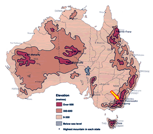 Relief map of Australia showing Mr Kosciuszko
